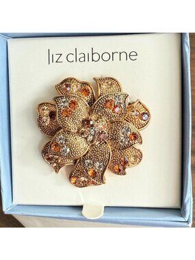 Vintage Liz Claiborne Gold-Tone Flower Brooch With Rhinestones 1-3/4" NIB